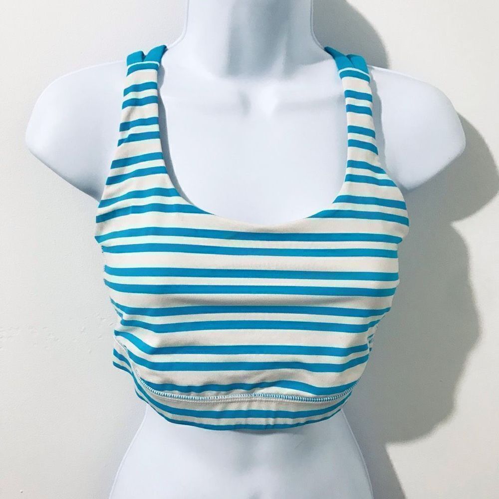 Lululemon energy sports bra blue and cream stripes￼.   A361